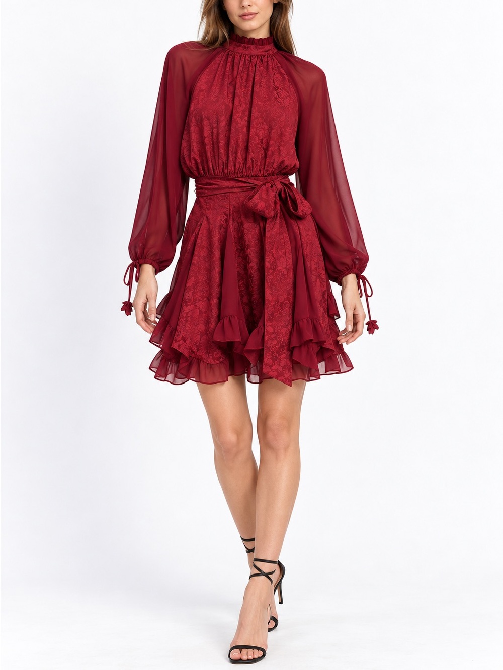 NWT En Saison Burgundy Floral Jacquard Belted Ruffle Mini Dress XS